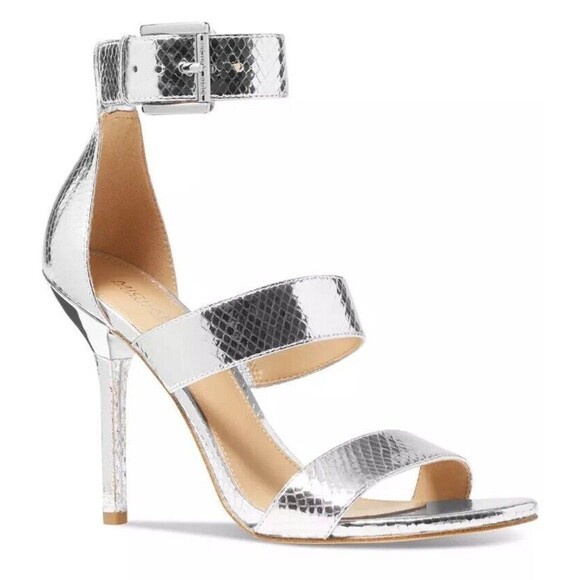 Michael Kors Women's Amal Metallic Snake Embossed Leather Sandal Silver, US 8 M - Picture 4 of 11